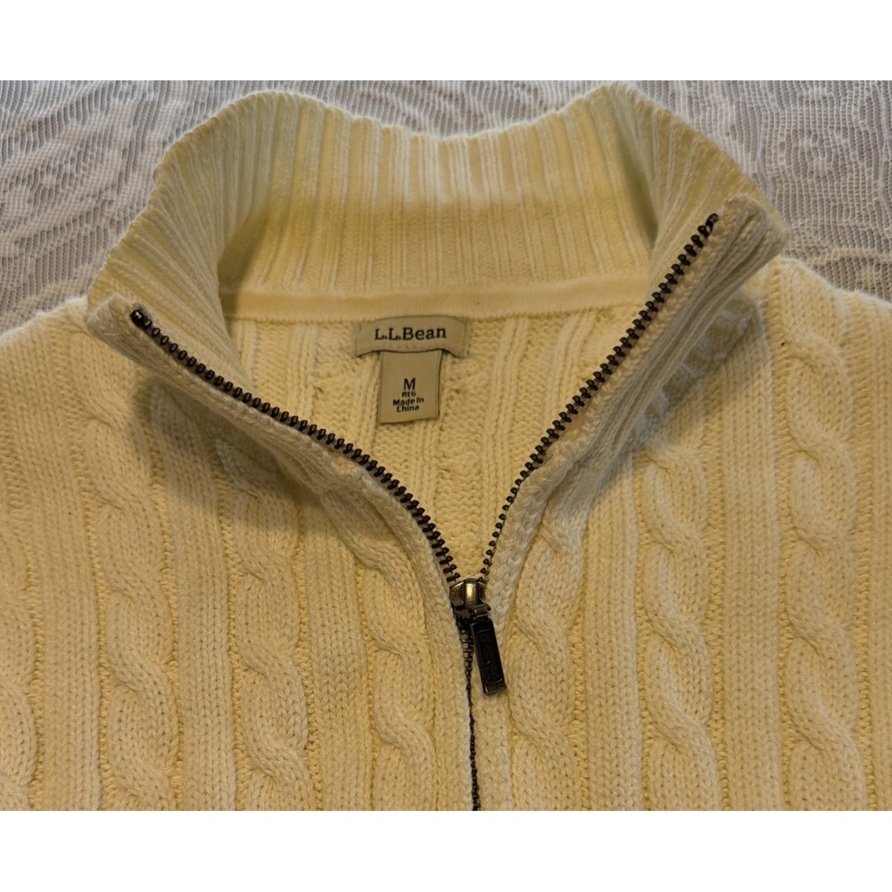 L.L. Bean Women's Cream Full Zip Up Cable Knit 100% Cotton Sweater Cardigan Med - Picture 2 of 3
